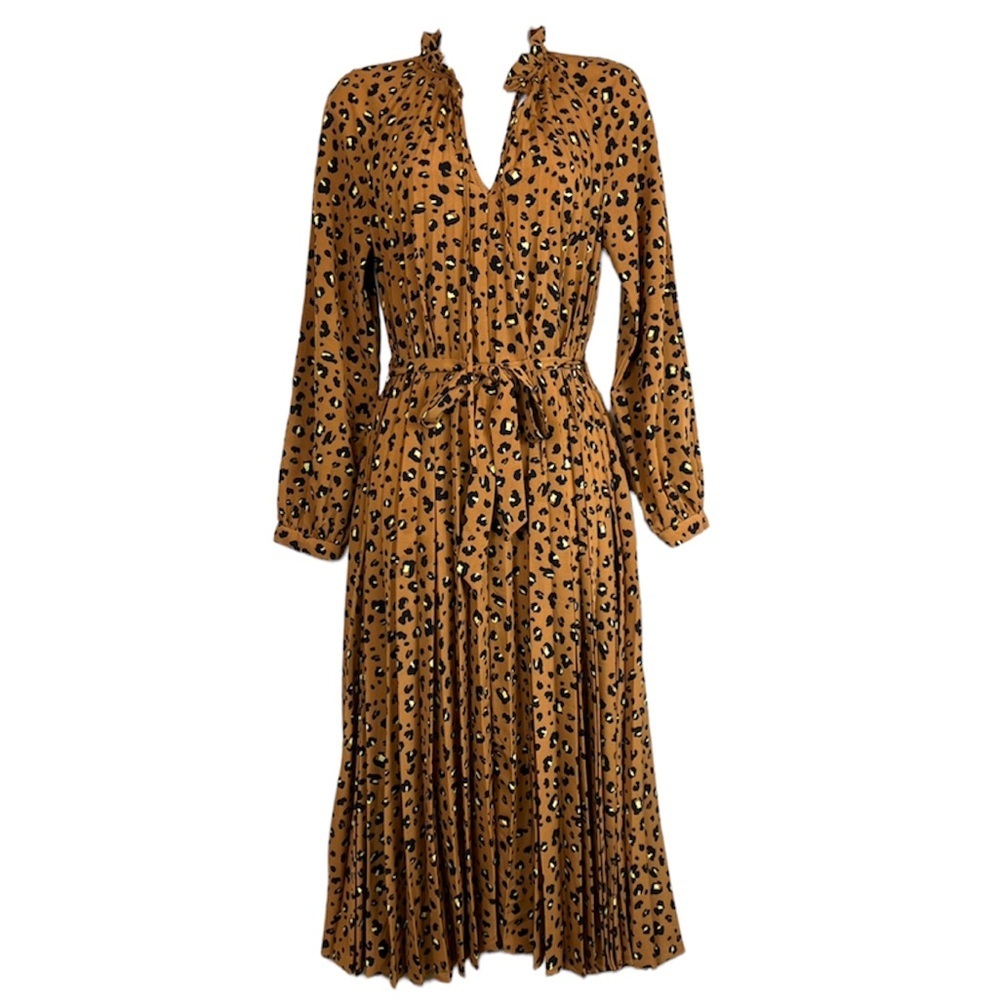 & Other Stories Pleated Leopard Print Midi Dress Size